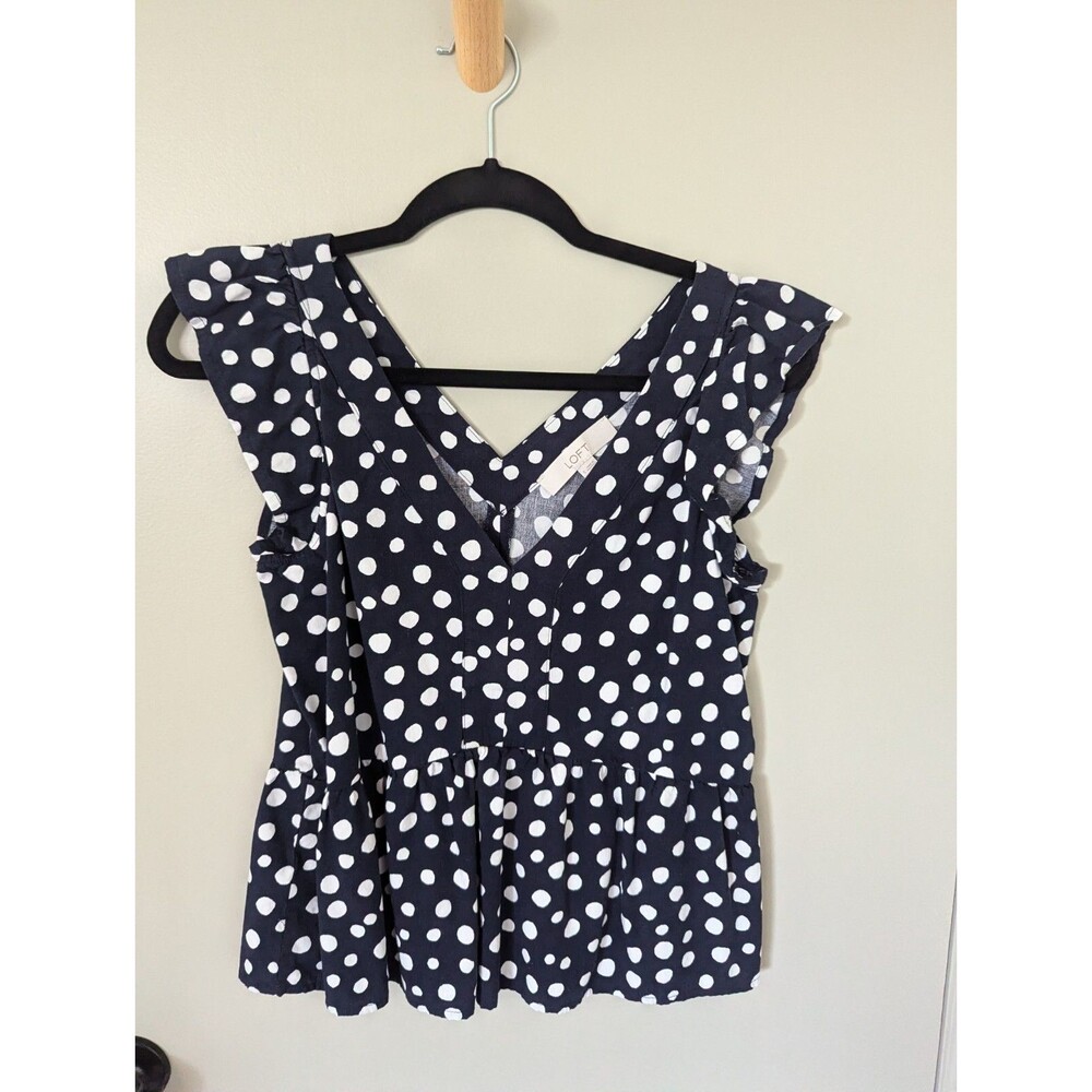 ann taylor loft top small ruffle detail blouse polka dots v-neck